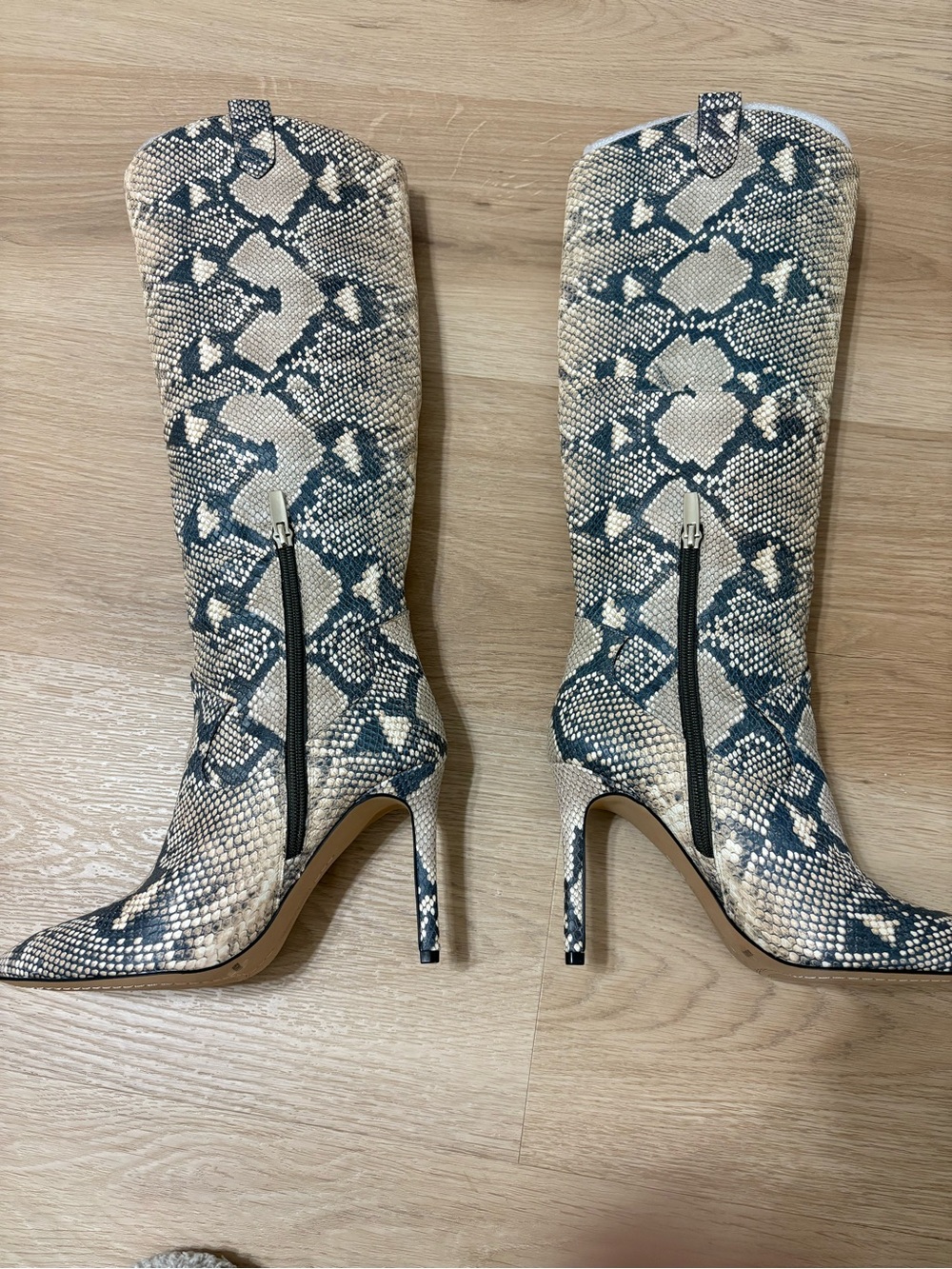 Vince Camuto Snake-Print Knee High Stiletto Boots - Beige/Gray